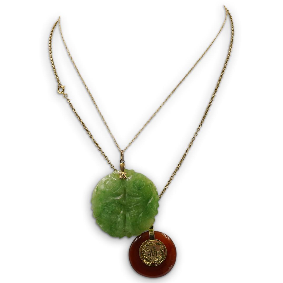 (2 Pc) Chinese 14k and Carved Semi Precious Stone (1 of 1)