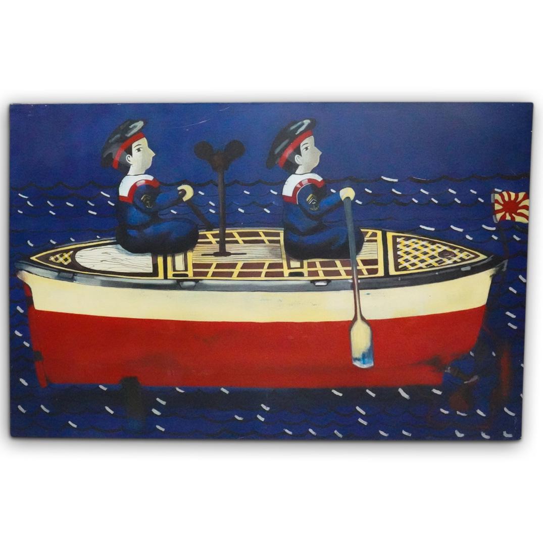 Nushi Muntaabski (Argentine. B 1963) Oil Painting: DESCRIPTION: A mixed media painting by Argentinian artist depicts two sailors rowing a boat in blue and red tones, Signed along the back "Nushi Muntaabski" Titled "The Boat" and dated "1997". CIRCA: L