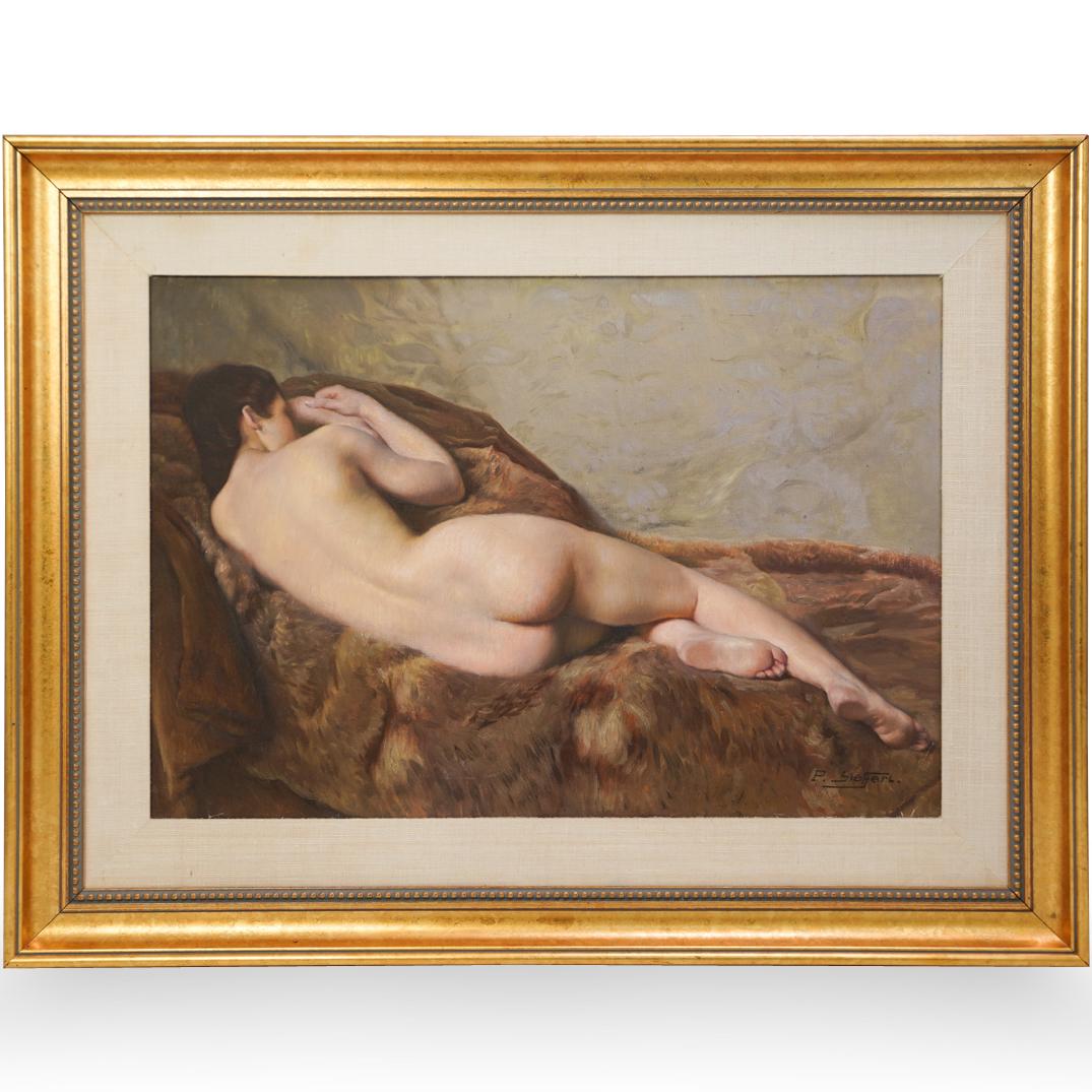 Paul Sieffert (French, 1874-1957) Oil on Canvas: DESCRIPTION: Paul Sieffert, French (1874-1957) Oil on Canvas "Reclining Nude". Signed Lower Right "P. Sieffert" and En Verso P. Sieffert, No. 737 CIRCA: 20th Century ORIGIN: France DIMENSIONS:H:22" W: