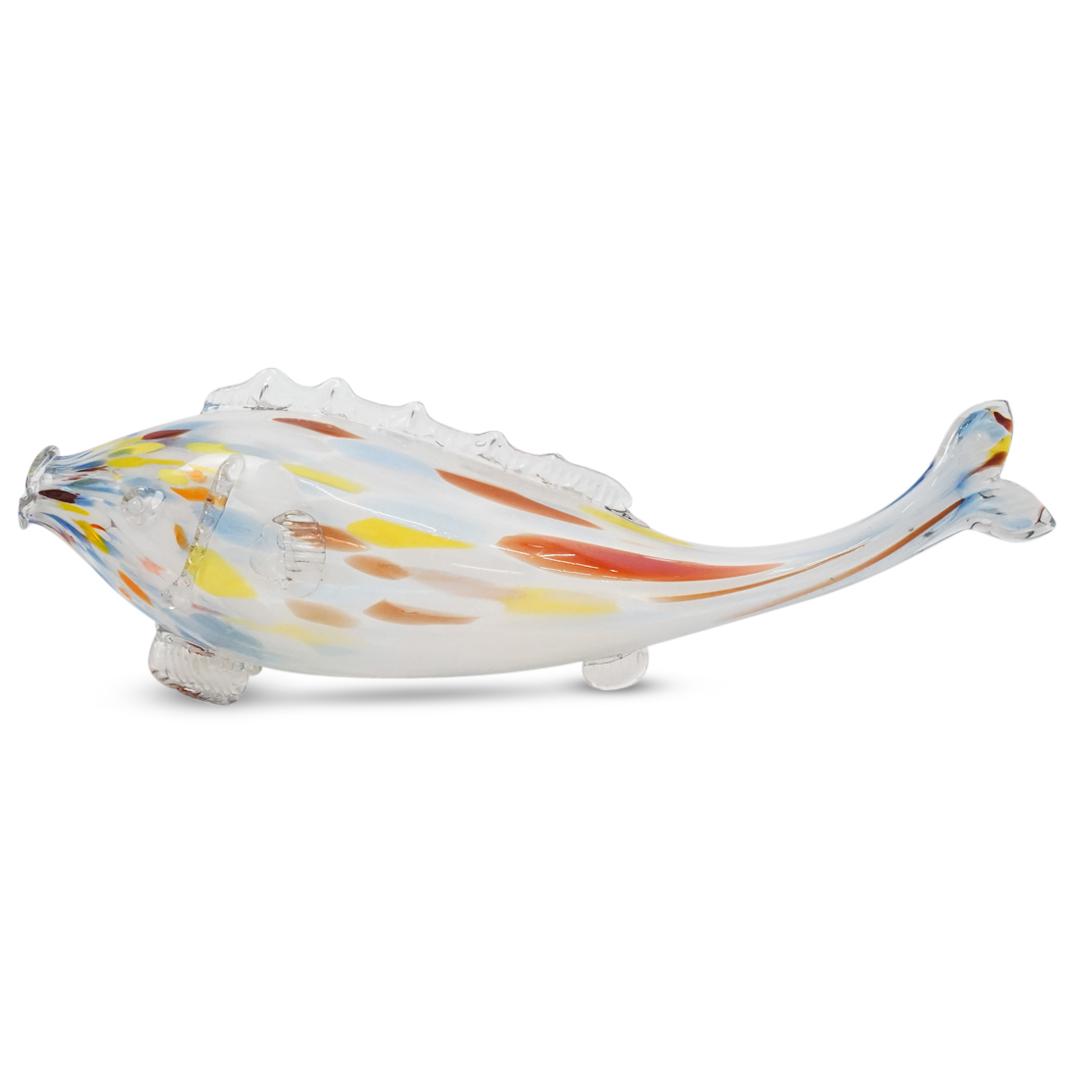 Murano Glass Fish: DESCRIPTION: A Murano blown glass fish sculpture with multi colored spotted brush stroke design. Rests on three fins with hollow interior. CIRCA: 20th Ct. ORIGIN: Italy DIMENSIONS: H: 8" x W: 5.5" x L