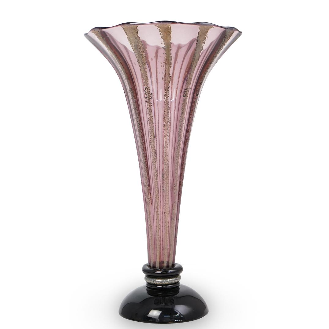 Pepo Glass Studio Murano Vase: DESCRIPTION: A Pepo Murano glass vase. Features a dome shaped base with trumpet formed body and scalloped rim. Decorated with red hues and textured gold leaf accents. Signed "Pepo Glass Studio Murano"