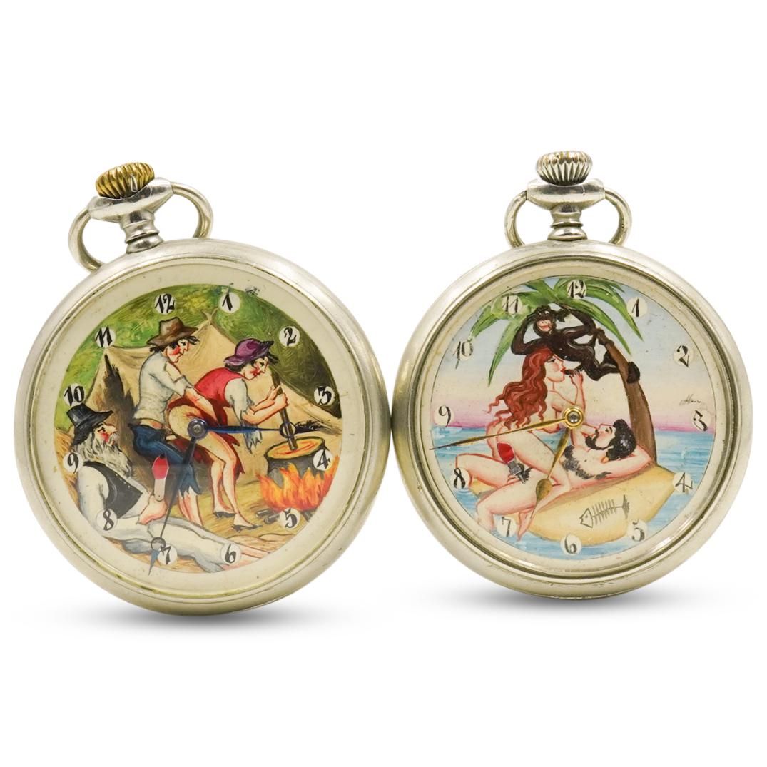 (2 Pc) Doxa Erotic Enamel Pocket Watch: DESCRIPTION: two Doxa Pocket watched composed of silverplate and Enamel decorated dials depicting erotic scenes, Stamped along the inner casing "Doxa Hors Concours Liege 1905". CIRCA: Early-Mid 20th C