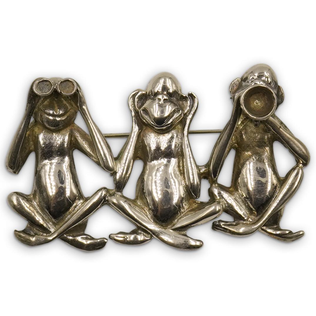 Mexican Sterling Three Monkey Brooch (1 of 2)