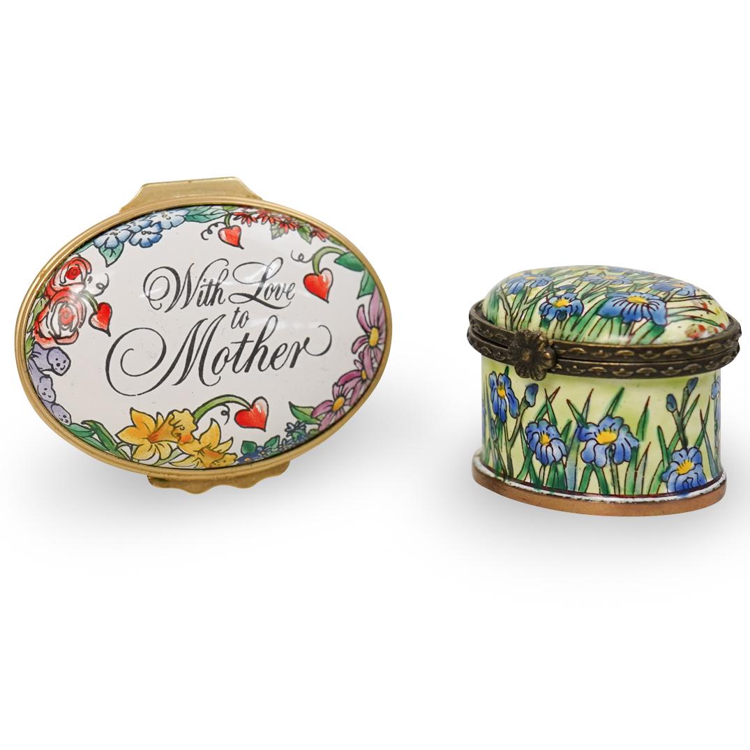Tiffany & Kelvin Chen Pill Boxes: DESCRIPTION: A designed Tiffany & Co floral enameled pill box marked "With Love To Mother" and a Kelvin Chen enameled floral pill box marked "Kelvin Chen 2005" CIRCA: Late 20th and 21st ct DIMENSIONS: