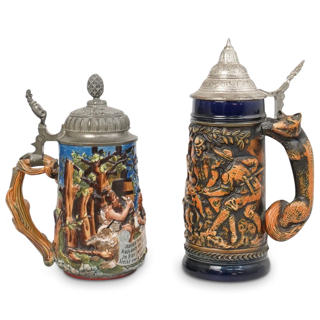 (2 Pc) German Relief Stoneware Beer Steins (1 of 9)