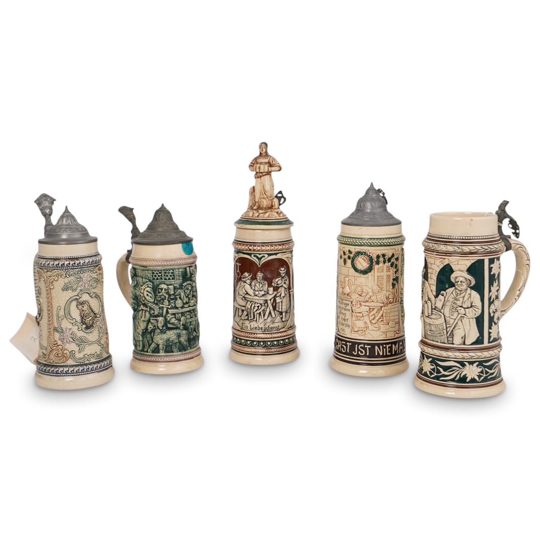 (5 Pc) Antique German Ceramic Steins (1 of 12)