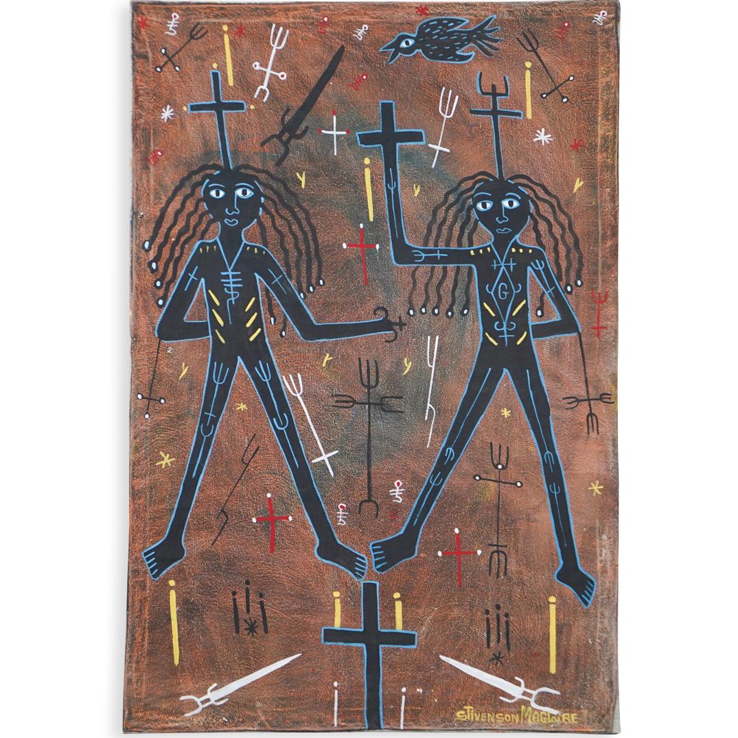 Stevenson Magloire (Haiti/Petionville, 1963-1994): DESCRIPTION: A oil on canvas Painting by Haitian artist Stevenson Magloire depicts loas and symbols, signed along the bottom right. Unframed CIRCA: Late 20th Cent. ORIGIN: Haiti DIMENSIONS: H: 36" W:2