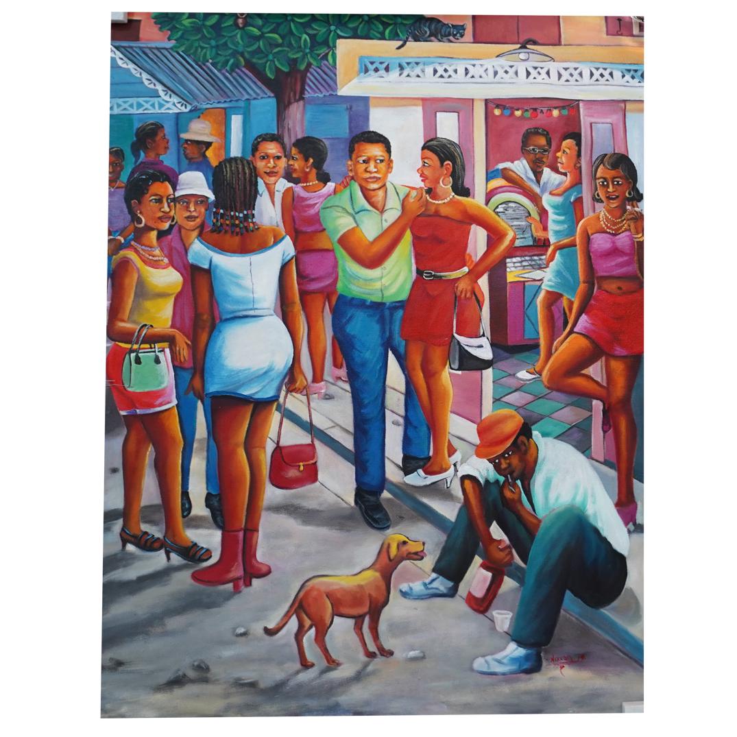 Nixon Pierre (Haitian, 20th Cent.) Oil on Canvas: DESCRIPTION: An oil on canvas painting by Nixon Pierre depicts a crowd of people in a street scene setting, signed and dated. Unframed on stretcher CIRCA: 21st Cent. ORIGIN: Haiti DIMENSIONS: H: 40" W