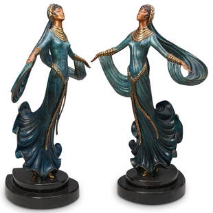 Pair Erte (Russian/French, 1892-1990) "Ecstasy" Bronzes: DESCRIPTION: Romain de Tirtoff "Erte" (Russian/French, 1892-1990) "Ecstasy" Bronzes. Features two standing women in ornate cold painted rich blue hued dresses with gilded accents. Finished with black