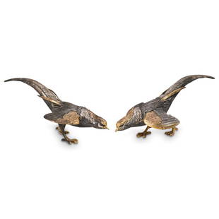 Antique Sterling Silver Vermeil Pheasants: DESCRIPTION: A pair of antique hand chased sterling silver and vermeil footed pheasants> No marks found but tested sterling silver. Weigh a total of 154.6 grams / 99.4 dwt each. CIRCA: Late 19th to ea