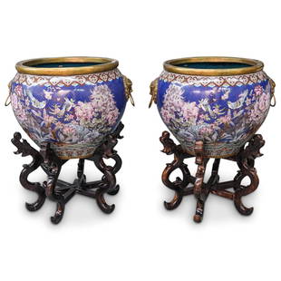 Large Chinese Cloisonne Fish Bowls: DESCRIPTION: A Pair of large Chinese cloisonne fish bowls/ planters featuring in a cobalt blue ground color, garnished along the body pinkish hued Peonies and perched birds, further decorated at the