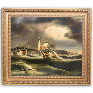 Thomas Buttersworth (British, 1768-1842) "The Gale of: DESCRIPTION: Thomas Buttersworth (British, 1768â€“1842) "The Gale of Plymouth" Oil on Canvas. Features a rendering of a large ship sailing through rough seas with smaller boats seen off in the