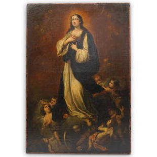 Italian School, "The Immaculate Conception" Oil on: DESCRIPTION: Italian School, "The Immaculate Conception" Oil on Canvas. Virgin Mary is depicted standing dressed in blue and white surrounded by flying and gazing cherubs with celestial clouds in the