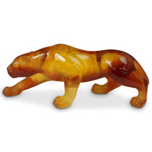 Daum Pate De Vers Crystal Amber Panther: DESCRIPTION: A Daum pat de vers frosted crystal panther in an amber color. Marked on the bottom of one of the feet traditionally "Daume France". CIRCA: 1990s ORIGIN: France DIMENSIONS: H:3 L:8.5"