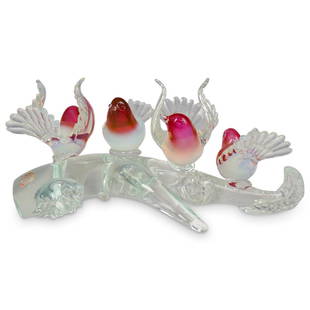 Renato Anatra (Italian, b.1943) Murano Glass Garden: DESCRIPTION: Renato Anatra (Italian, b.1943) Murano Glass Garden Birds Sculpture. Designed with four perched garden birds on a thick clear glass branch. Signed "R. Anatra" on the base. CIRCA: 20th Cen