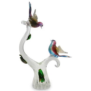 Murano Glass Garden Bird Statue: DESCRIPTION: A charming Murano glass bird sculpture features two birds in multicolour glass with gold inclusions on transparent Pulegoso glass base. CIRCA: 20th Cent. ORIGIN: Italy DIMENSIONS: H: