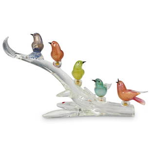 Vintage Murano Glass Garden Bird Statue: DESCRIPTION: A Vintage Murano glass garden statue bird themed sculpture. Featuring a stunning vibrant multi-colored avian scene. Designed with five removable perched garden birds, stickered "Murano