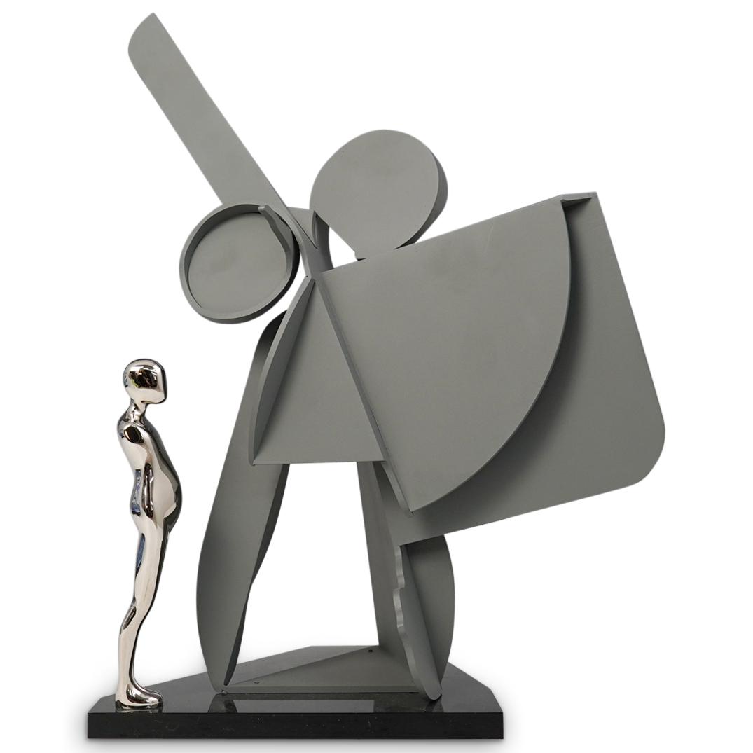 Ernest Trova (American.1927-2009) Study Man Profile: DESCRIPTION: A sculpture by surrealist artist Ernest Trova composed of a cold-rolled steel painted center, fitted with a nickel plated study man figure. Marked along the bottom Edition "57/99" dated 1