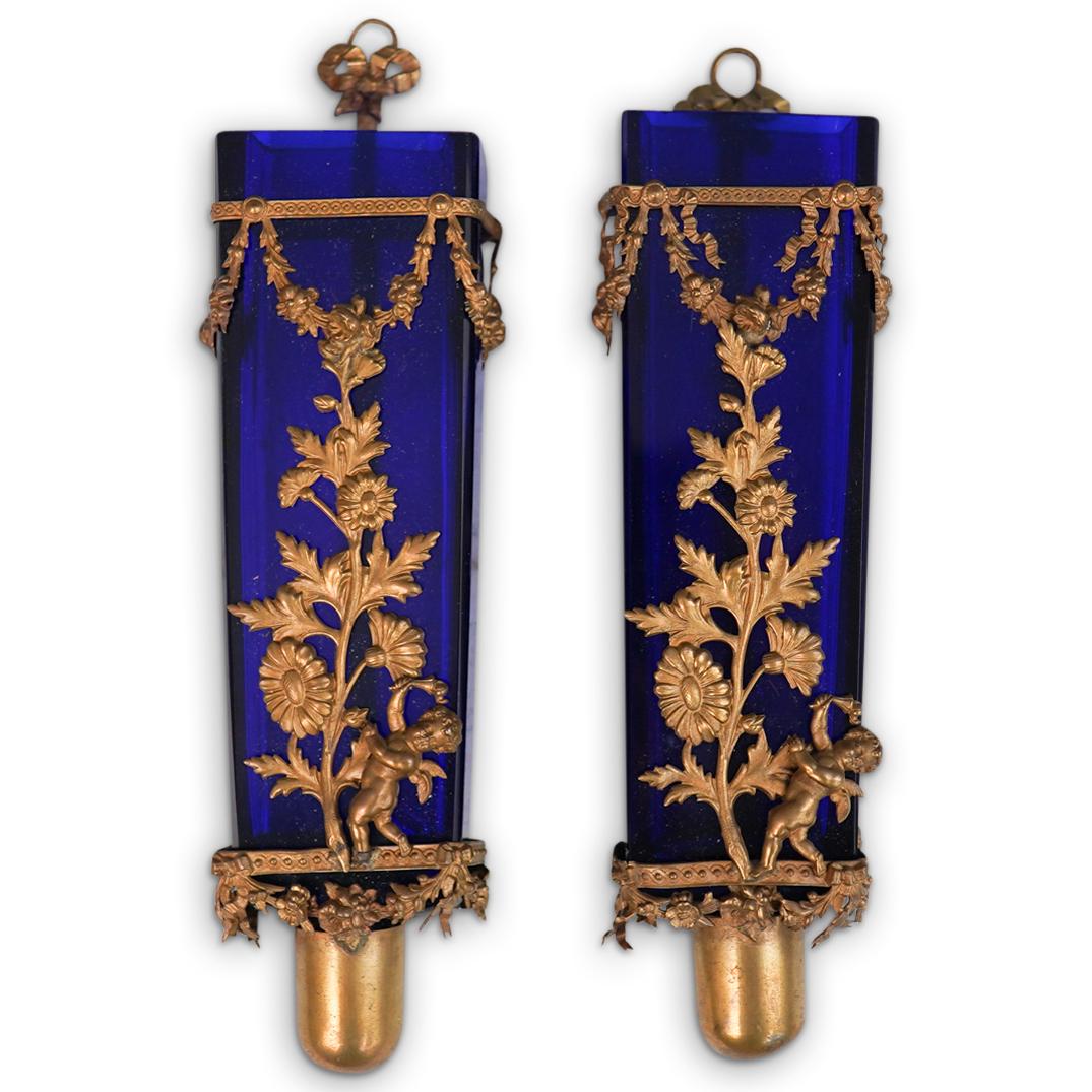 Antique Cobalt Glass Gilded Bronze Wall Sconces (1 of 5)