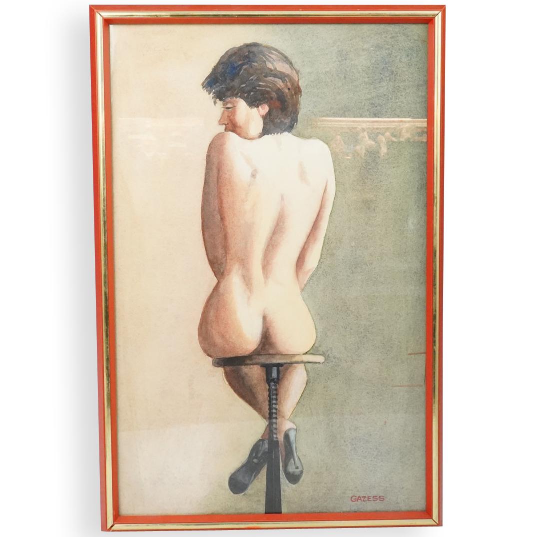 Vintage Erotic Watercolor on Paper: DESCRIPTION: Vintage Erotic Watercolor on Paper depicting a nude female sitting on a bar stool with heels. Signed "Gazess" CIRCA: Mid-20th Century ORIGIN: USA DIMENSIONS:H:22" W:14" CONDITION: Great c