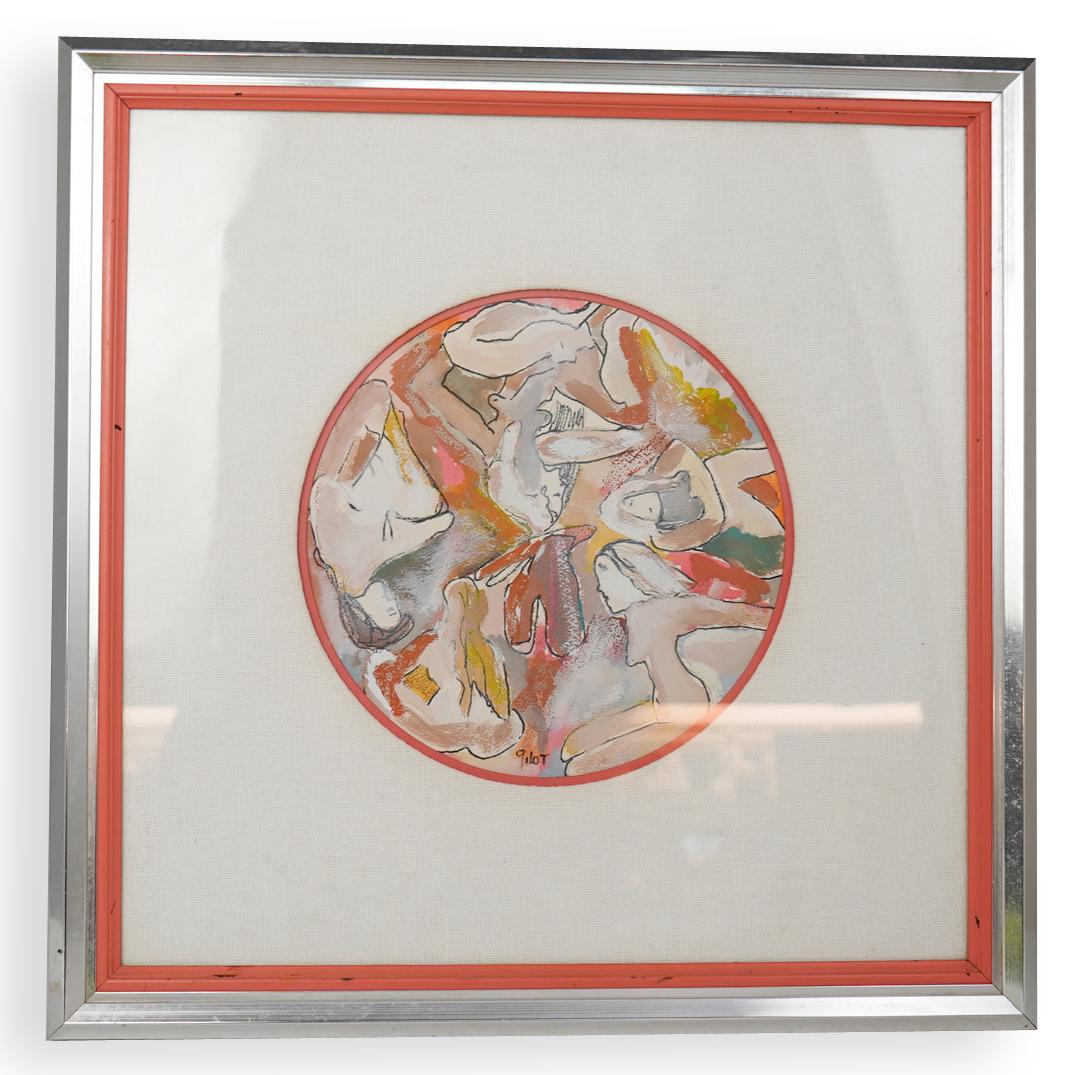 Francoise Gilot (French, born 1921) Watercolor on Paper: DESCRIPTION: FranÃ§oise Gilot (French, born 1921) Watercolor on Paper depicting a circular abstract female nude scene. Signed "Gilot". FranÃ§oise Gilot is a French painter of the Post-World War II