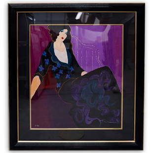 Itzchak Tarkay (Israeli, 1935-2012) "Chambre Violette": DESCRIPTION: Itzchak Tarkay (Israeli, 1935-2012) "Chambre Violette" Serigraph. On wove paper. Depicting a seated woman with purple hues throughout. Signed in crayon. "PP 7/55". Comes with COA CIRCA: 1