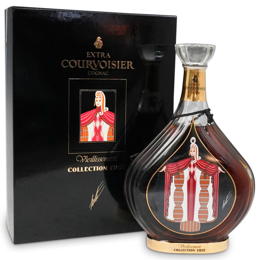 Erte "Vieillissement" Courvoisier Cognac No. 4: DESCRIPTION: Romain 'Erte' de Tirtoff "Vieillissement" Courvoisier Cognac No. 4. New in sealed original box with packaging and COA. CIRCA: 20th Ct ORIGIN: France DIMENSIONS:Bottle H: 10" x D: 6.5", Bo