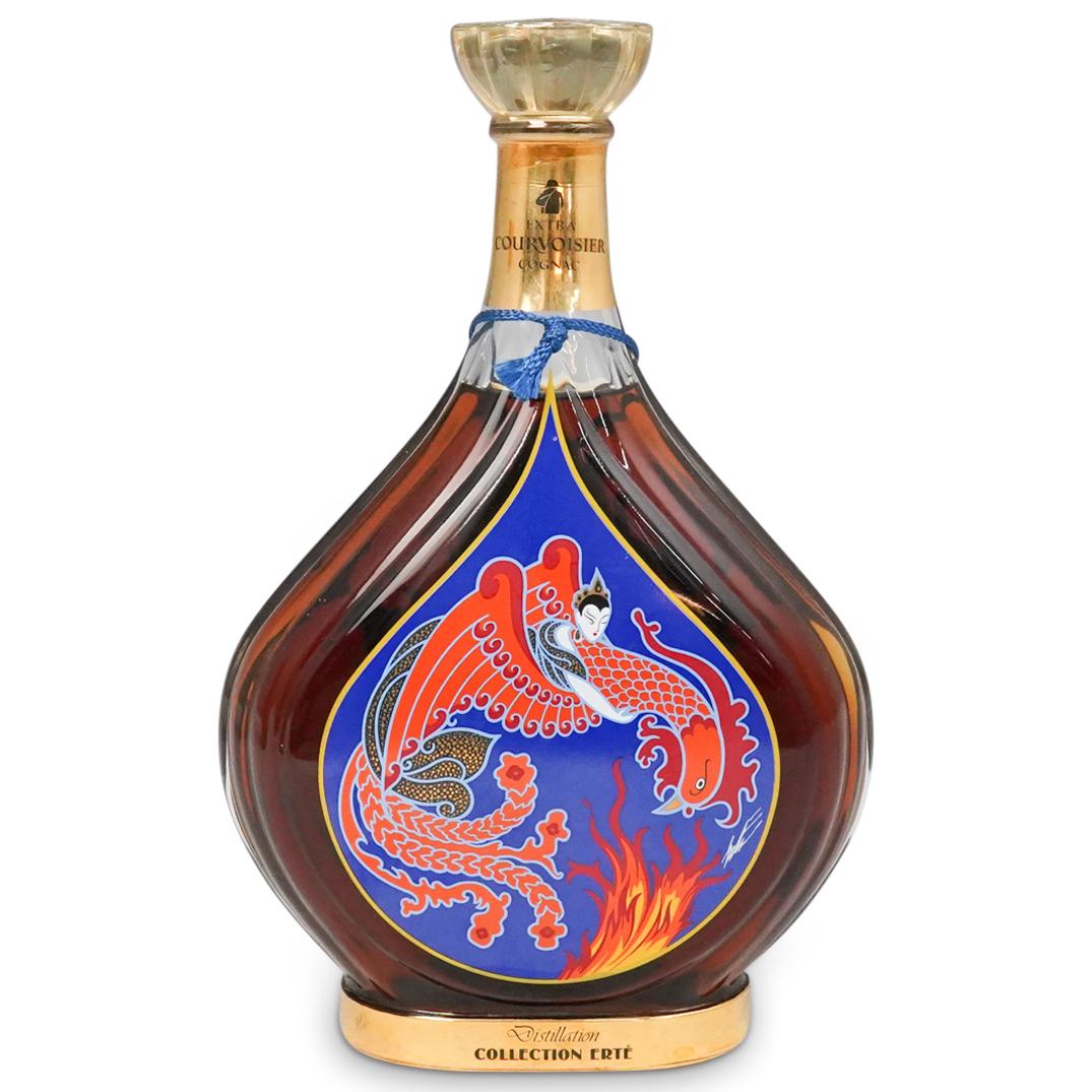 Erte "Distillation" Courvoisier Cognac No. 3: DESCRIPTION: Romain 'Erte' de Tirtoff "Distillation" Courvoisier Cognac bottle No. 3. New in original condition and original booklet. CIRCA: 1990 ORIGIN: France DIMENSIONS:Bottle H: 10" x D: 6.5", Box