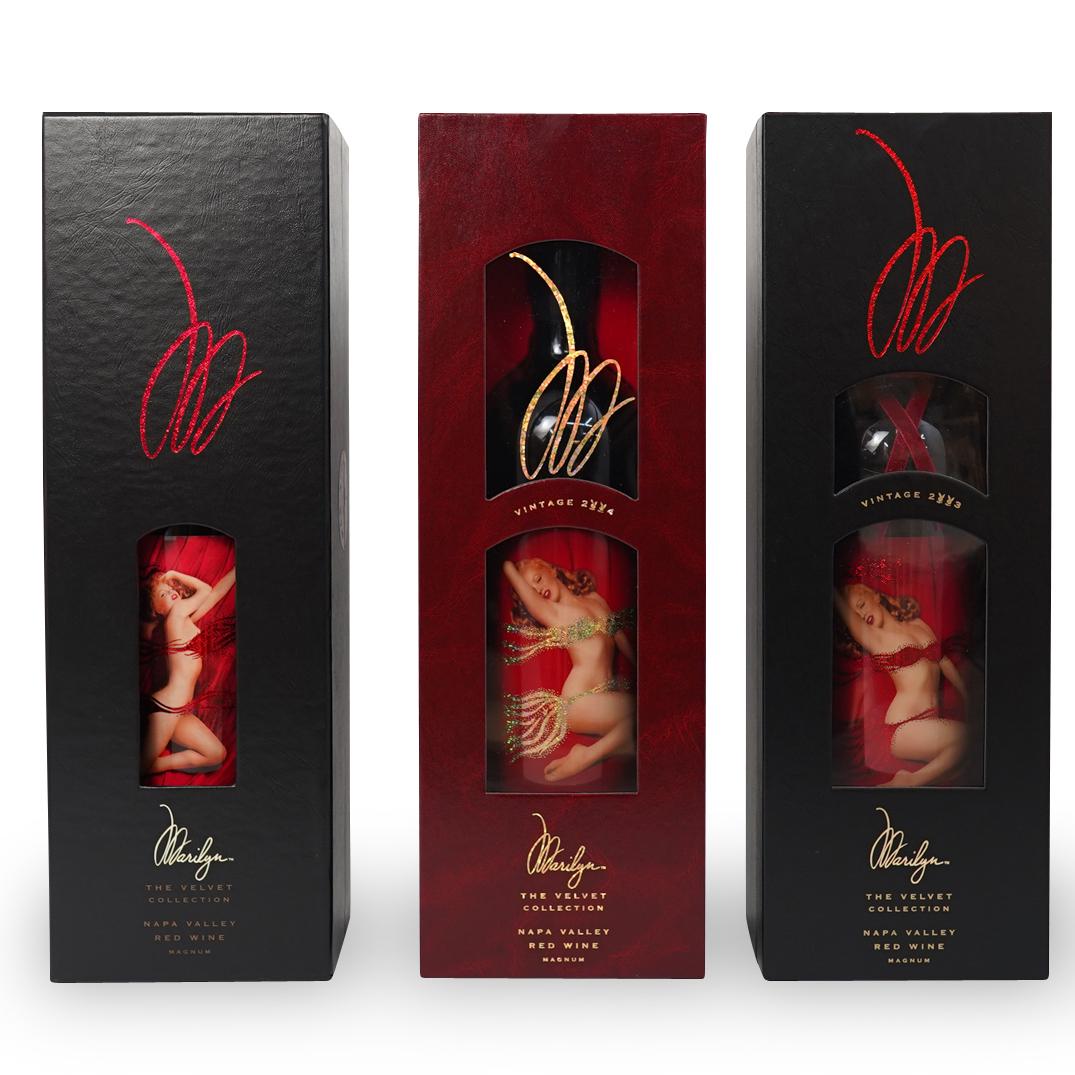 (3Pcs) Marilyn Monroe "The Velvet Collection" Magnum: DESCRIPTION: (3Pcs) Marilyn Monroe "The Velvet Collection" Magnum Wine Bottles. Feature semi nude pictures of Marilyn Monroe. Original Cases. Composed of: - Vintage 2004 - Vintage 2003 - Sealed Box Po