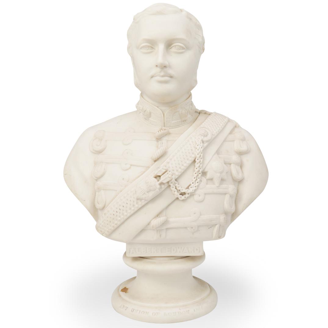 Albert Edward Bisque Porcelain Bust: DESCRIPTION: Albert Edward bisque porcelain bust. Features the deception of Albert Edwards, the son of Queen Victoria. Signed on reverse "Morton Edwards St" and "C. Delpech" front of bust marked "Albe
