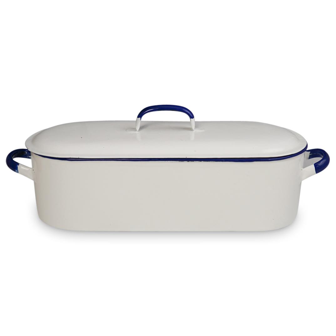 Lidded Enameled Metal Pot: DESCRIPTION: A lidded enamel metal pot. Features an elongated oval from with white coloring and blue accents. interior houses pierced metal removable tray. Marked at bottom "James Fellows & Son" CIRCA