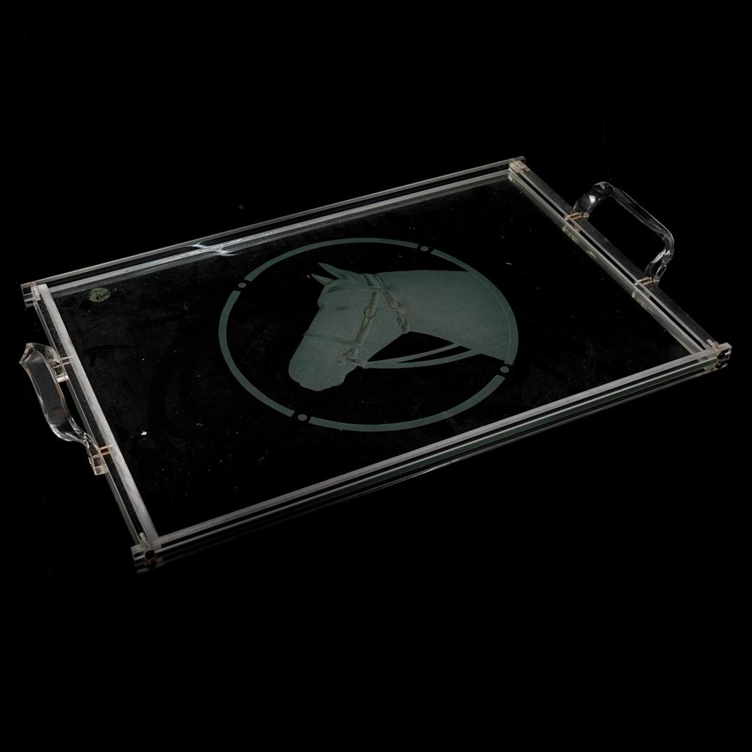 Vintage Lucite and Glass Tray: DESCRIPTION: Vintage Lucite and Glass Tray embellished with an etched depiction of a horse. Finished with curved lucite handles. CIRCA:Mid- 20th Century ORIGIN: USA DIMENSIONS:L:19" W:12" H:3" CONDITI