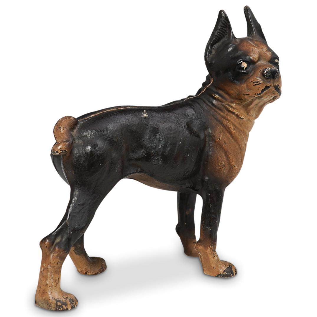 Iron Boston Terrier Doorstop: DESCRIPTION: Boston Terrier doorstop composed of iron, and handpainted. CIRCA: 20th Century ORIGIN: USA DIMENSIONS: H 9.0" x W 8.0" CONDITION: Great condition. See lot description for details on item 