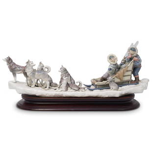 Lladro "Onward" Porcelain Group #1742: DESCRIPTION: A Lladro Porcelain Figural Group 'Onward'. #1742, bearing the Lladro mark, artist's signatures, and numbered on the underside. Sits atop wooden base. CIRCA: 20th Cent. ORIGIN: Spain DIMEN