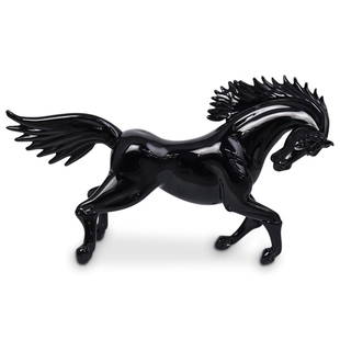 Zanetti Style Murano Glass Horse: DESCRIPTION: A possibly Zanetti Murano glass sculpture depicts a trotting horse in a deep black hue. Signed "Murano Italy". CIRCA: 20th Cent. ORIGIN: Italy DIMENSIONS: H: 8.5" W: 14.5" CONDITION: Grea