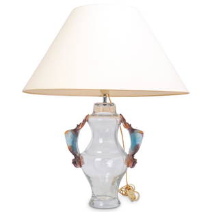 Daum Crystal & Pate De Vers Lamp: DESCRIPTION: A Daum clear crystal lamp finished with traditional multi color pate de vers handles. Marked Daum France on bottom of lamp. Comes with a beige color shade. CIRCA: 1980-1990s ORIGIN: