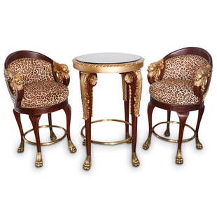 French Empire Style High Top Table Set: DESCRIPTION: A French Empire style high top table set. Features a round wood table with gilt acanthus leaf details, granite table top and a polished brass foot rest. Finished with brass animal paw