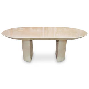 Karl Springer "Knife Edge" Dining Table: DESCRIPTION: A "Knife Edge" by Karl Springer mid century modern, dining room table. Features a lacquered goatskin design with oval formed table top raised on twin demilune pedestal bases. (Placement o