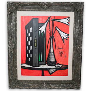 Bernard Buffet (French, 1928â€“1999): DESCRIPTION: Bernard Buffet (French, 1928â€“1999) Oil on Canvas. Depicting a still life scene with chess board and flowers. Finished in a gray wood frame. Signed " Bernard Buffet 60"