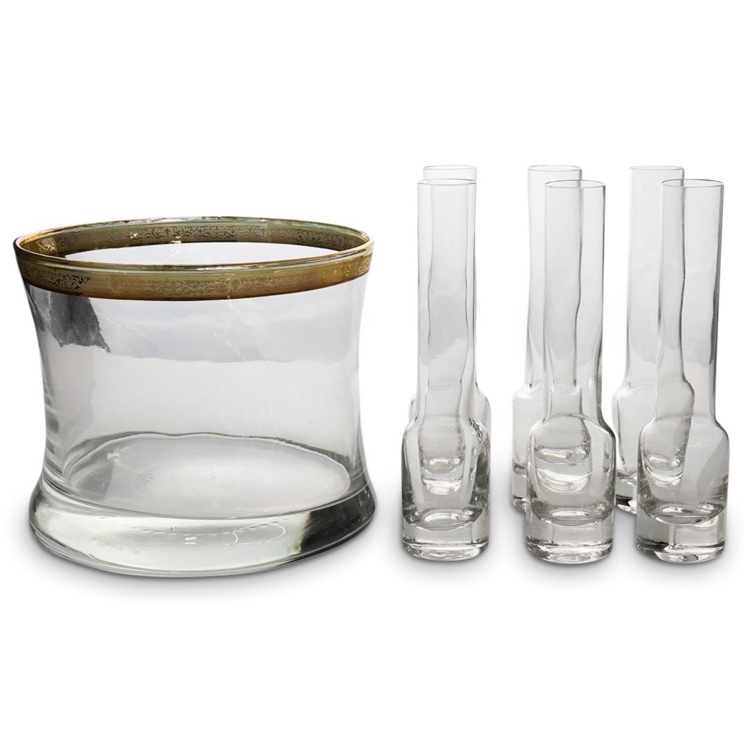 Savini Crystal 24kt Gold Decorated Vodka Set: DESCRIPTION: A Savini crystal vodka set composed of an ice bucket and 6 shot glasses. The bucket is embellished with 24kt gold decorations along the rim. Includes original box and packaging. CIRCA: 21