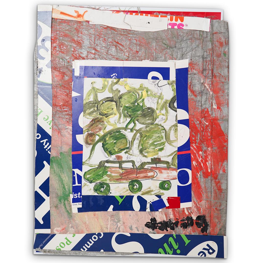 Purvis Young (American 1943-2010) Mixed Media Painting: DESCRIPTION: A Purvis Young mixed media painting. Features Young's traditional figural imagery on found objects. Composed of a campaign sign with mounted sketches and bordering. Signed "Young" bottom 