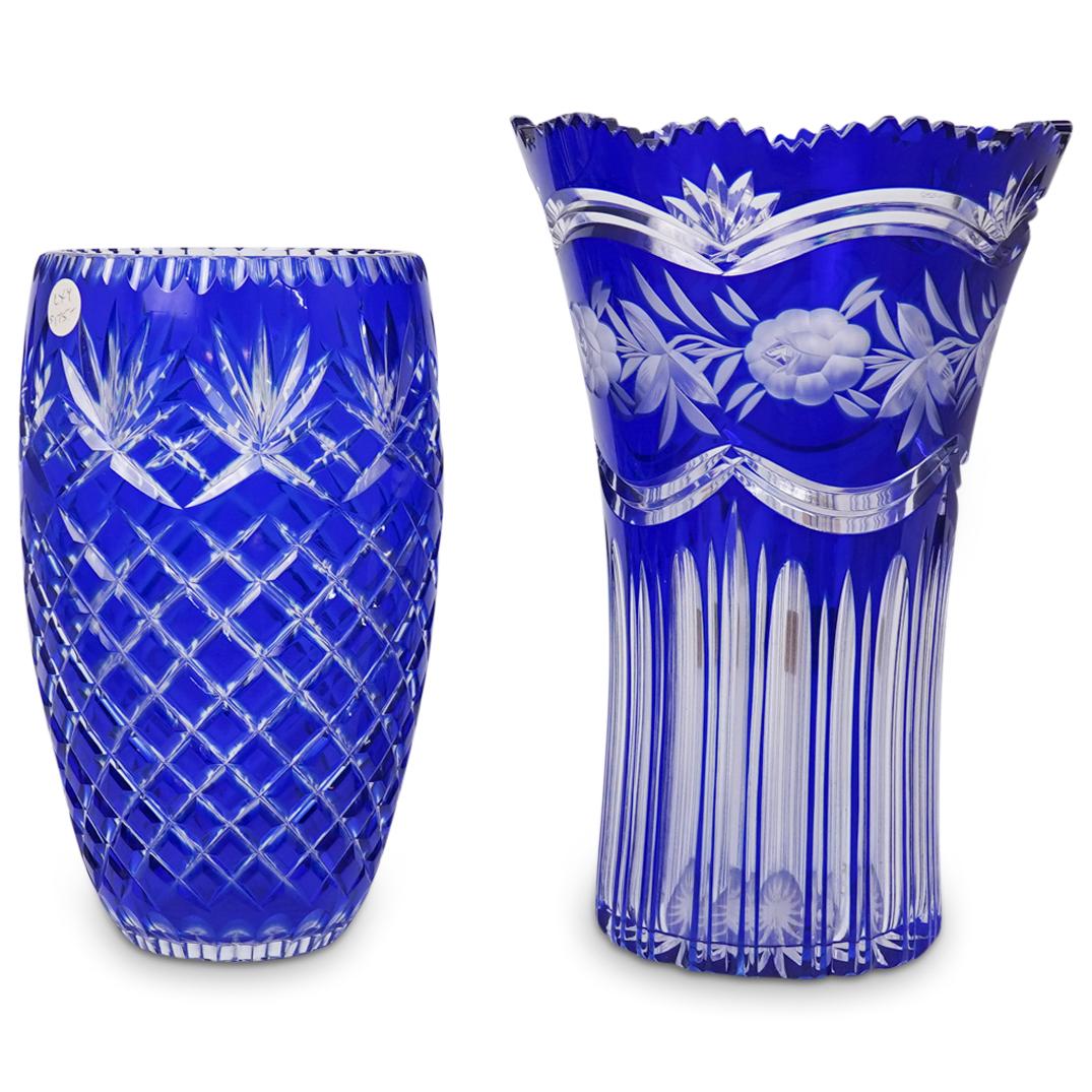 (2 Pc) Cobalt Blue Crystal Cut Vases (1 of 4)