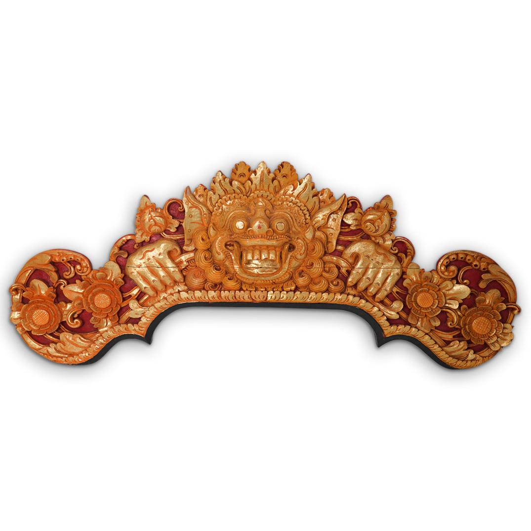 Antique Burmese Gilt Wood Plaque: DESCRIPTION: An antique Burmese gilt wood plaque. Features a hand carved gilt wood foundation depicting a dragon with floral decorations throughout. Reverse of plaque painted in red. CIRCA: Mid 19th -