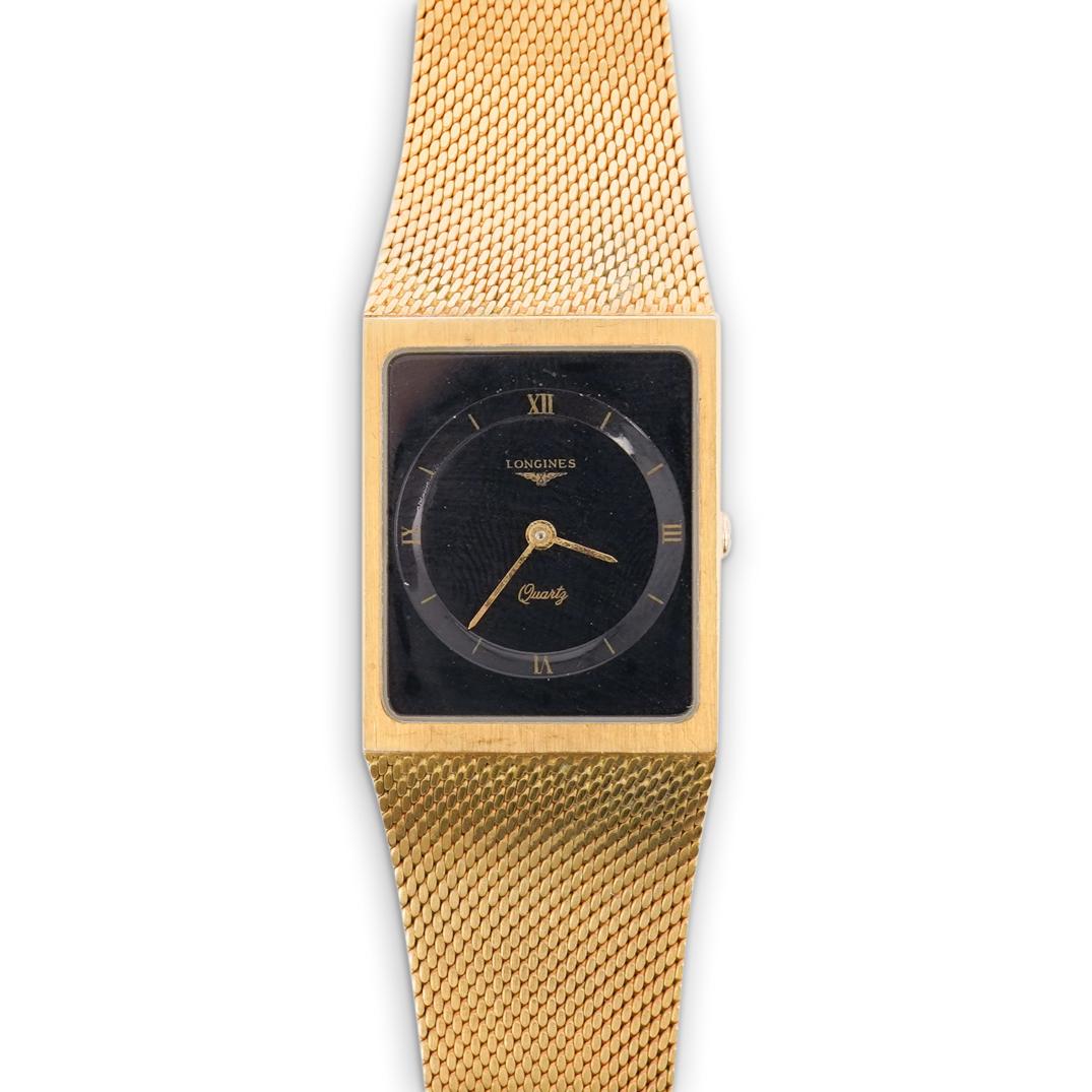 Gold Filled Longines "Mirage" Ladies Watch: DESCRIPTION: A gold filled Longines Mirage ladies watch. Features a mesh band with rectangular black face. Marked "Longines, Quarts" reverse of case marked "Stainless steel back, base metal bezel" bat