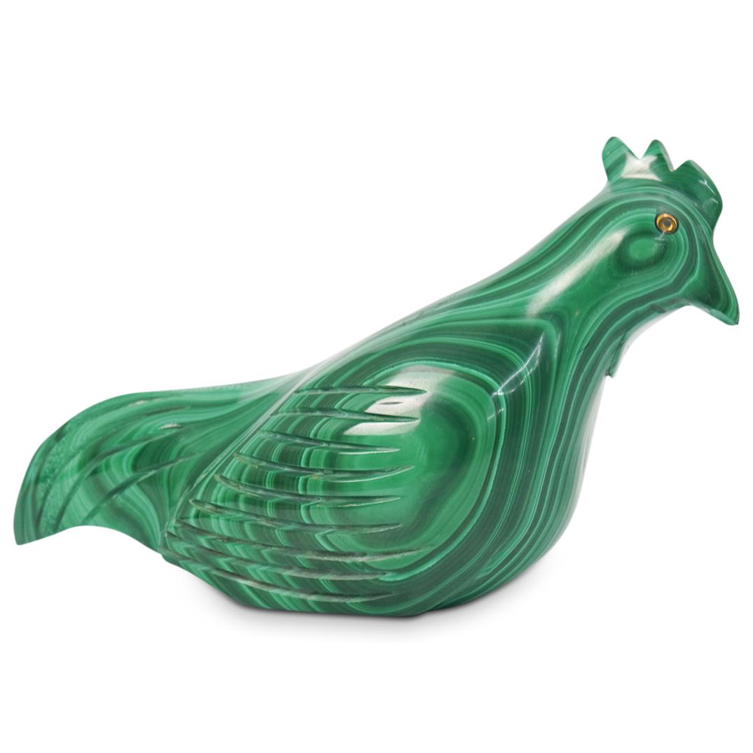 Malachite Rooster Figurine: DESCRIPTION: Malachite figurine depicting a rooster, completed with gilded eyes. CIRCA: 20th Century ORIGIN: Continental DIMENSIONS: H 2.5" x W 5.0" CONDITION: Great condition. See lot description for