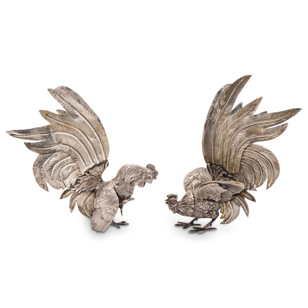 Pair of Silver Over Bronze Fighting Cocks (1 of 5)