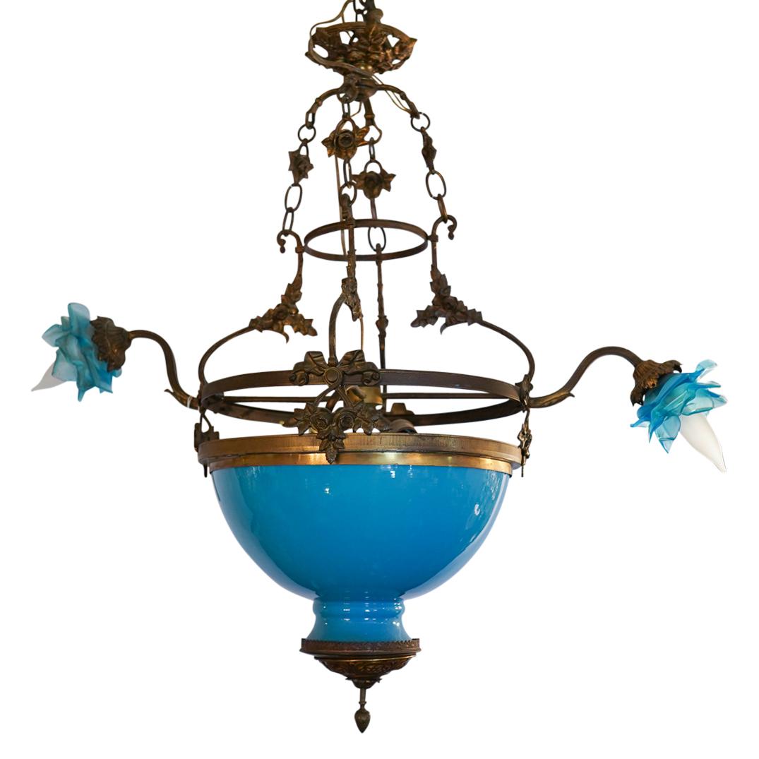 French Bronze & Opaline Glass Chandelier (1 of 4)