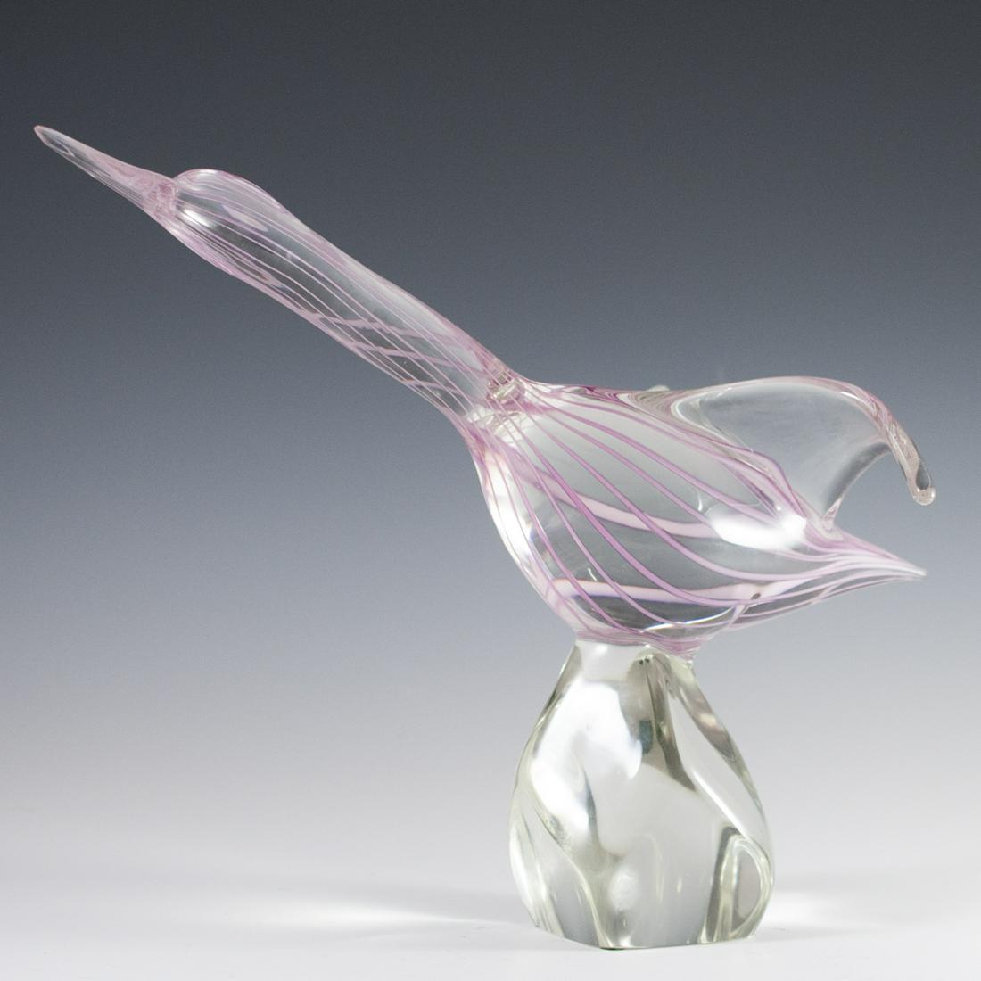 Luigi Mellara (Italian 20th Ct.) Murano Sculpture: DESCRIPTION: Luigi Mellara Murano glass sculpture of a soaring bird, embellished with vibrant pink stripes swirling along the body. Finished with a boulder motif base and signed:"Mellara L. CIRCA: 20t