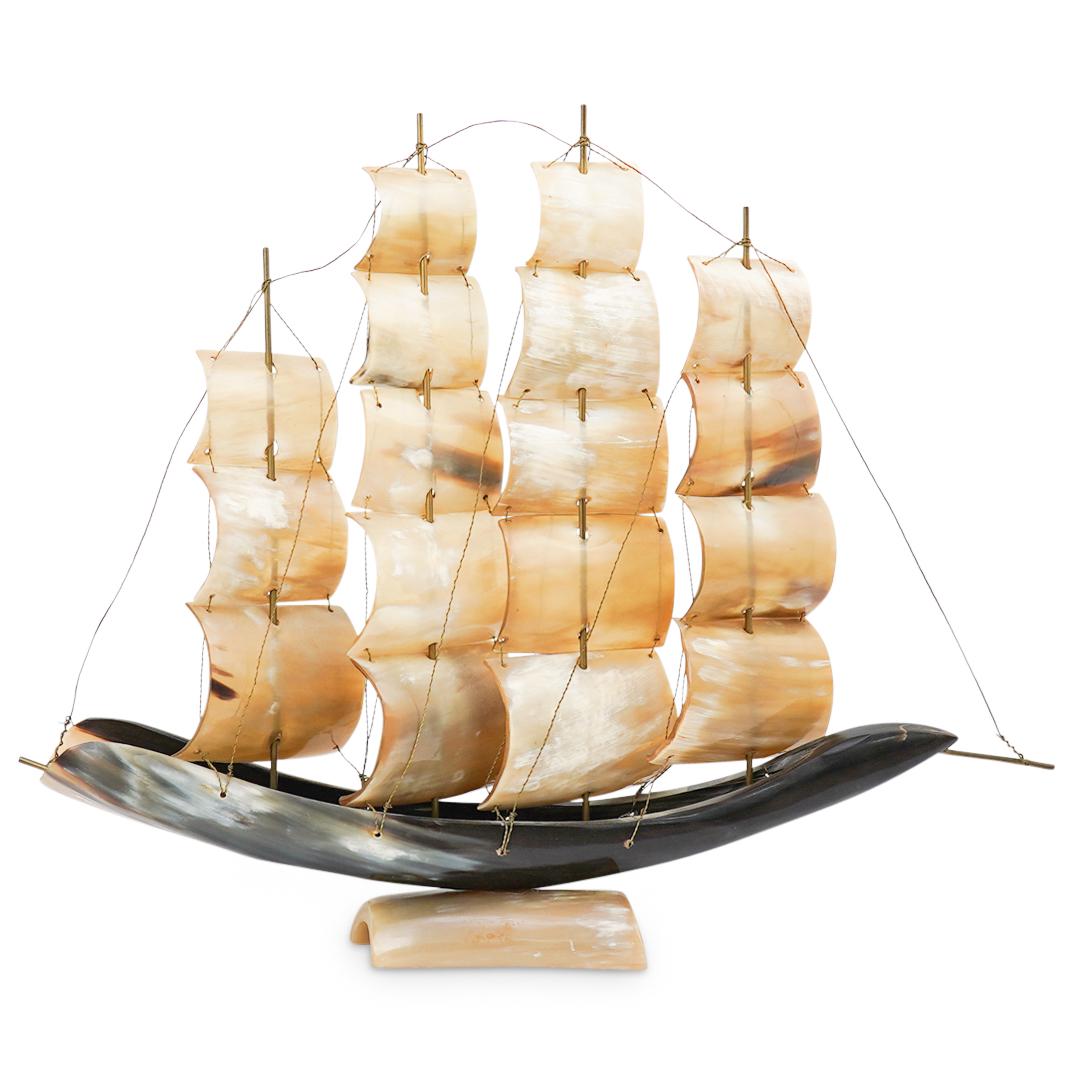 Carved Horn Sail Ship: DESCRIPTION: Sail ship composed of carved horn and rested on a horn base. CIRCA: 20th Century ORIGIN: Oriental DIMENSIONS: H 14.0" x W 17.0" CONDITION: Great condition. See lot description for details