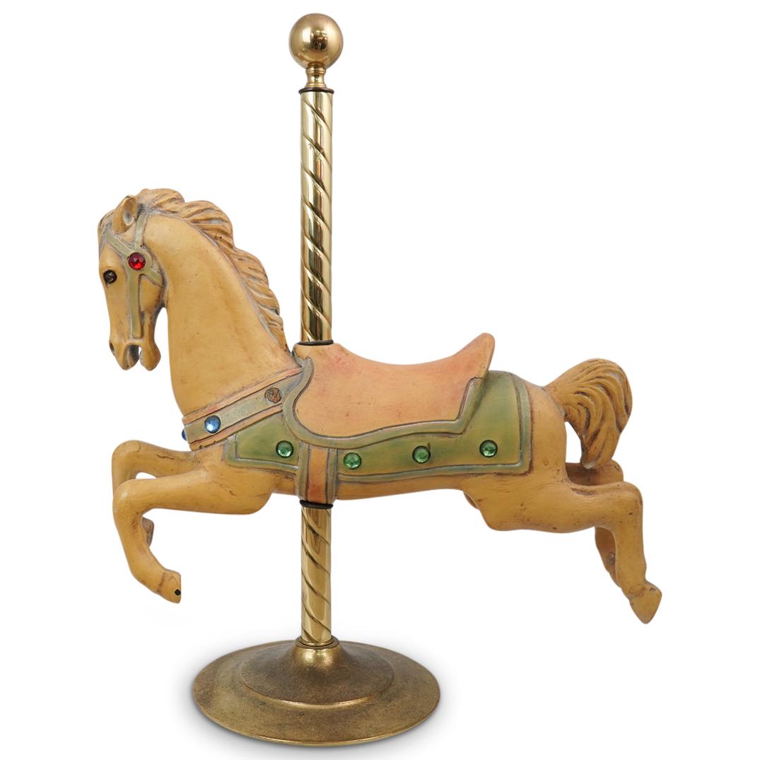 Designer Repros Carousel Horse: DESCRIPTION: A Designer Repros carousel horse statue. Features a ceramic horse with crystal set accents and polished brass pole foundation. Marked "Designer Repros" CIRCA: 20th Cent. ORIGIN: USA DIMEN